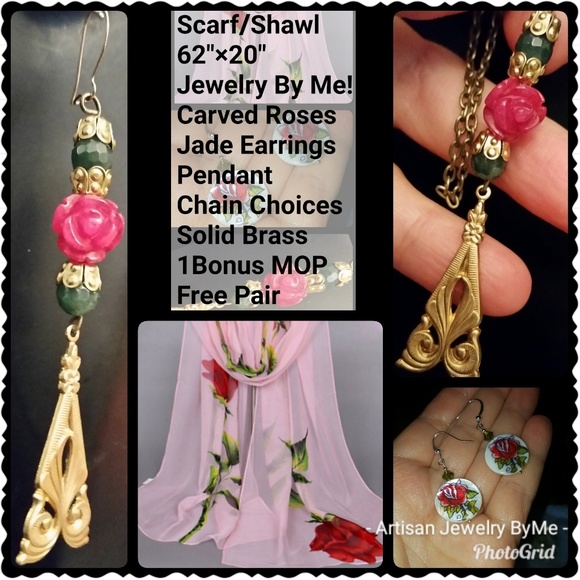 Rose Scarf Set GemsRoseBrassEarringsNecklace+Free